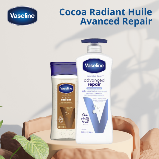 Vaseline Cocoa Radiant Huile corps 200ML + Vaseline Advanced Report pot 600ML