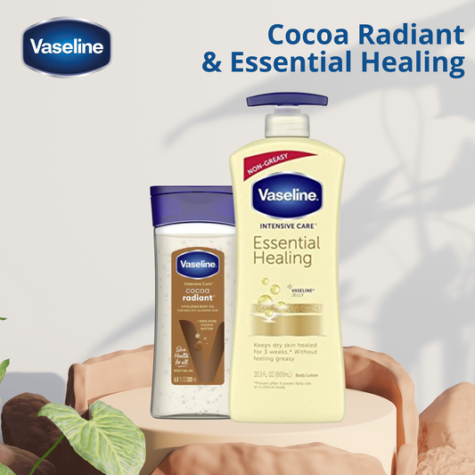 Vaseline Cocoa Radiant Huile corps 200ML + Vaseline Essential Healing lotion 600ML